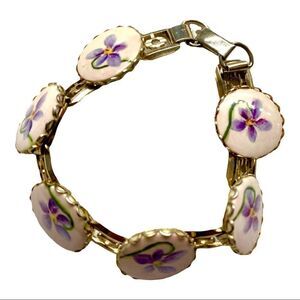 Edwardian hand painted violets floral porcelain book chain bracelet 7”.